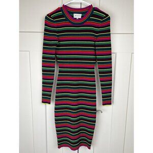 Milly Y2K Ribbed Knit Bodycon Dress Small Multicolor Stripe Stretch Long Sleeve